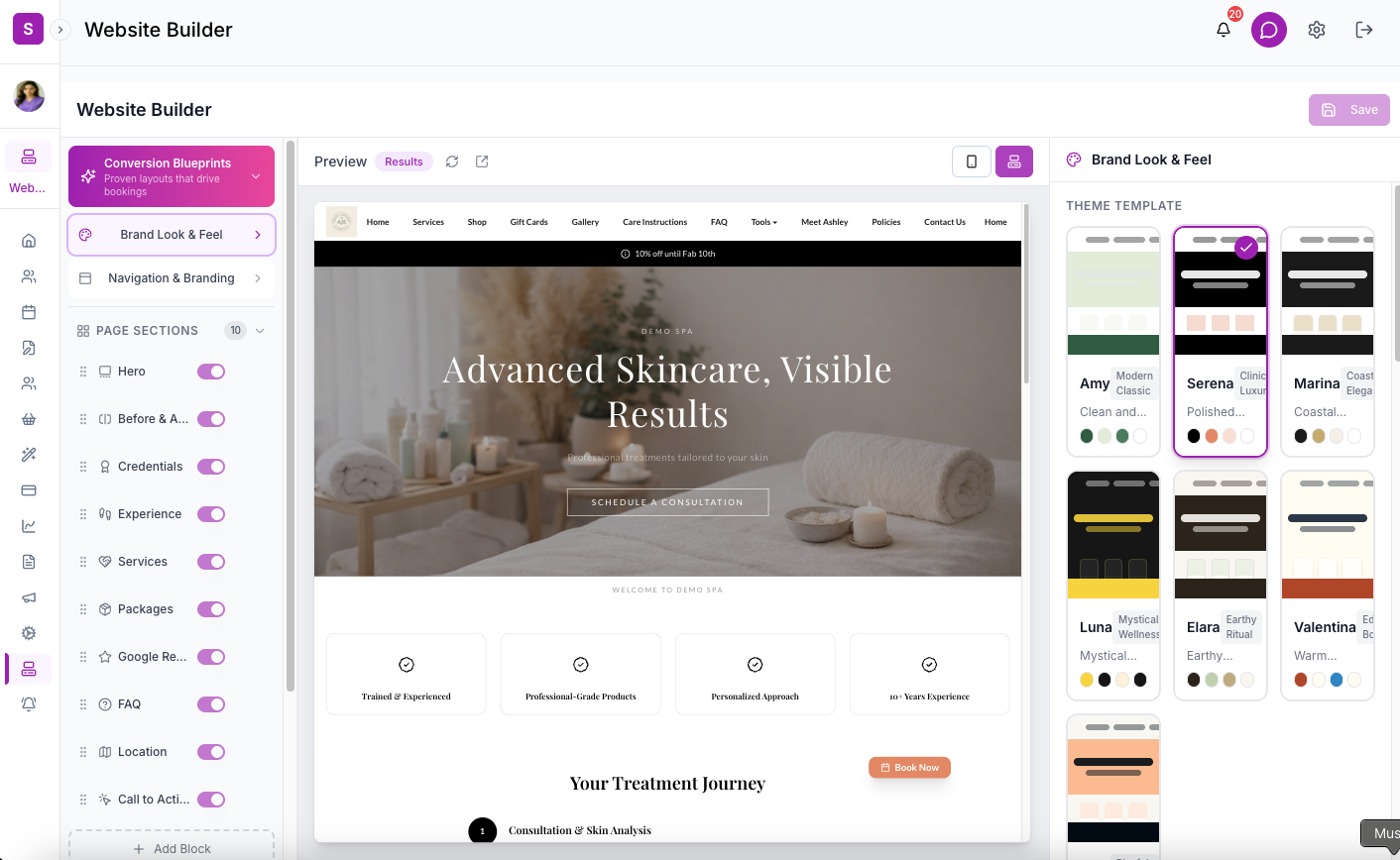 SpaSphere website builder – branded esthetician website ranking on Google